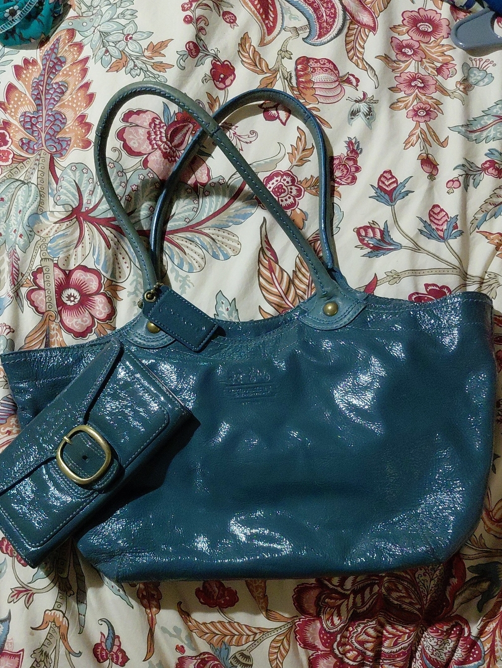 Coach Teal Patent Leather Tote with Matching Wallet